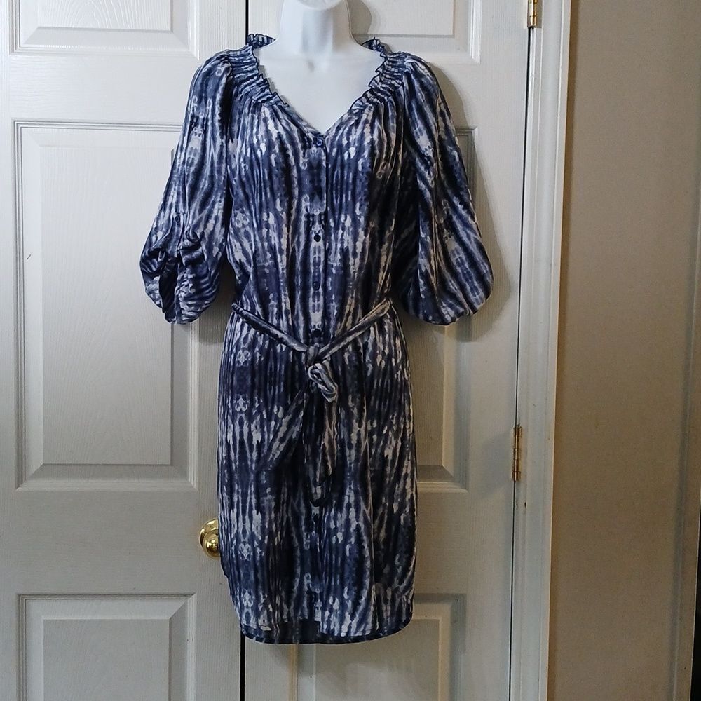 Miss Tina by Tina Knowles blue white tie dye button down belted dress Sz S NWOT